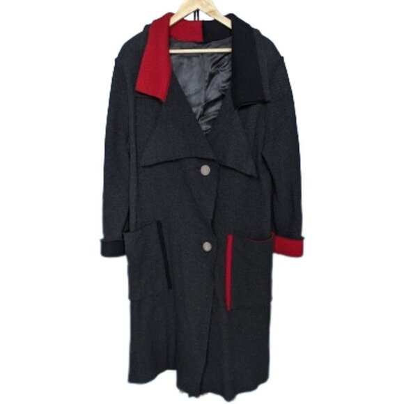 Annikki Karvinen Grey & Red Long 100% Wool Oversized Coat Handmade in Finland - Picture 1 of 14